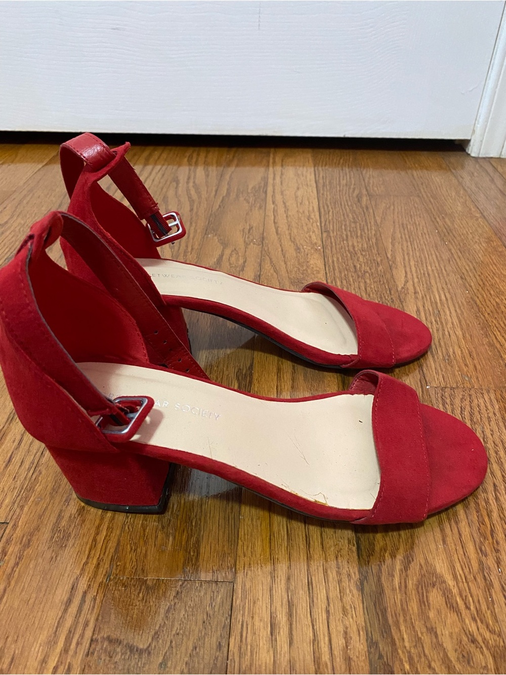 Red Suede Block Heel Sandals with Ankle Strap Size US 8